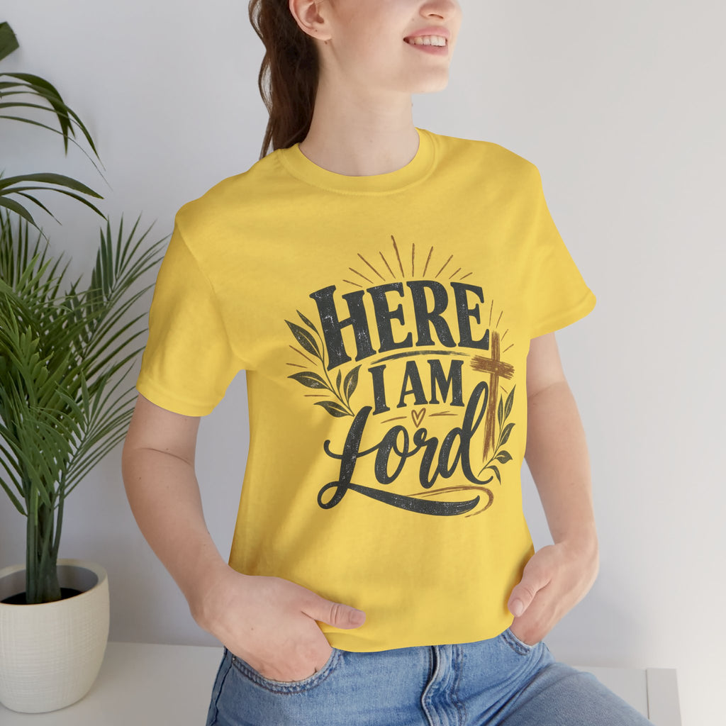Here I Am Lord T-Shirt — Christian Faith Tee with Cross & Script Design