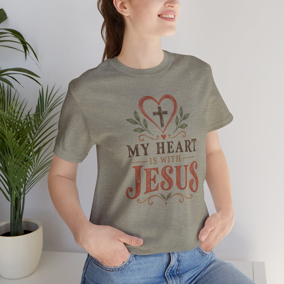 My Heart Is With Jesus T-Shirt — Faith Christian Tee with Cross Heart Design