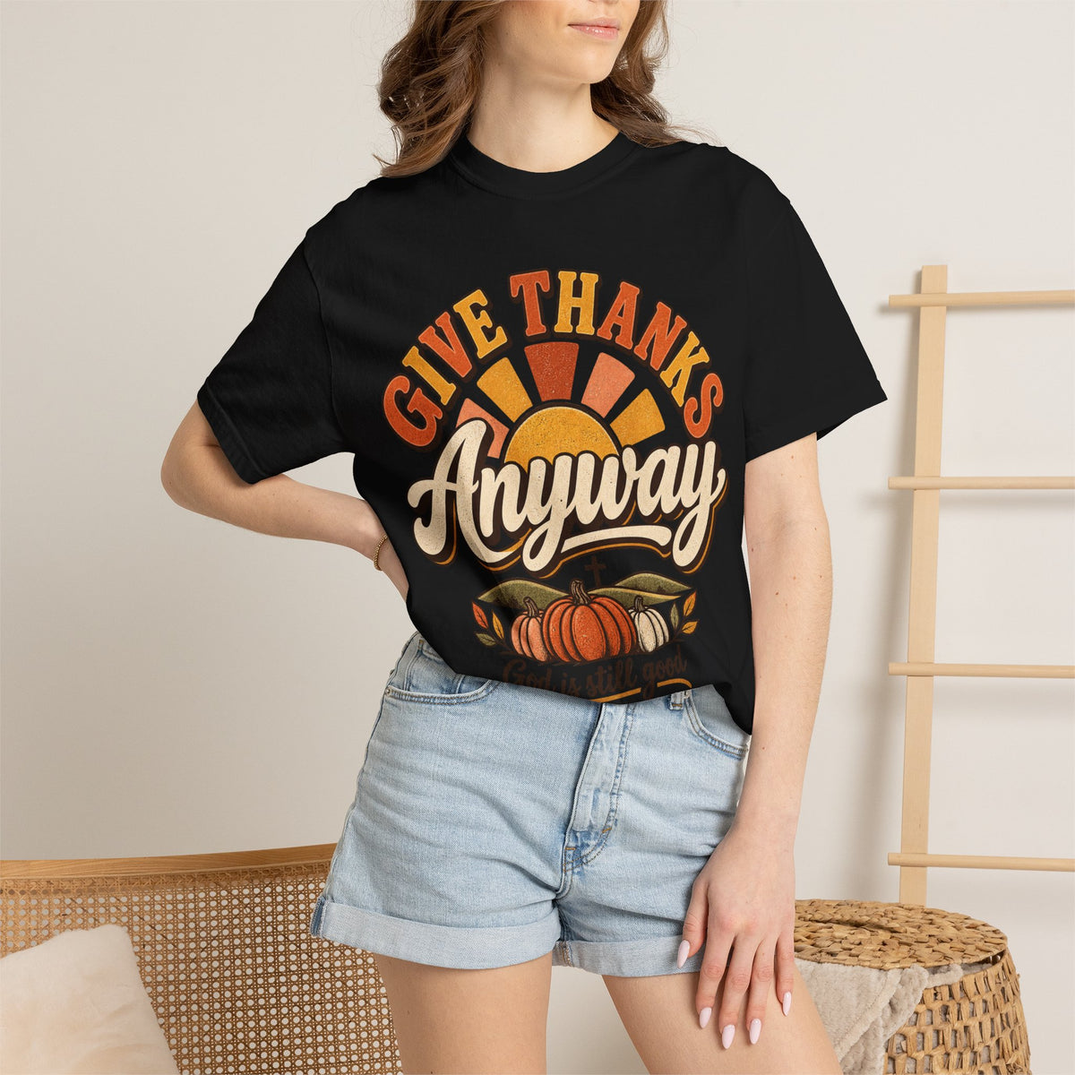 Give Thanks Anyway T-Shirt — Thanksgiving Christian Pumpkin Retro Tee