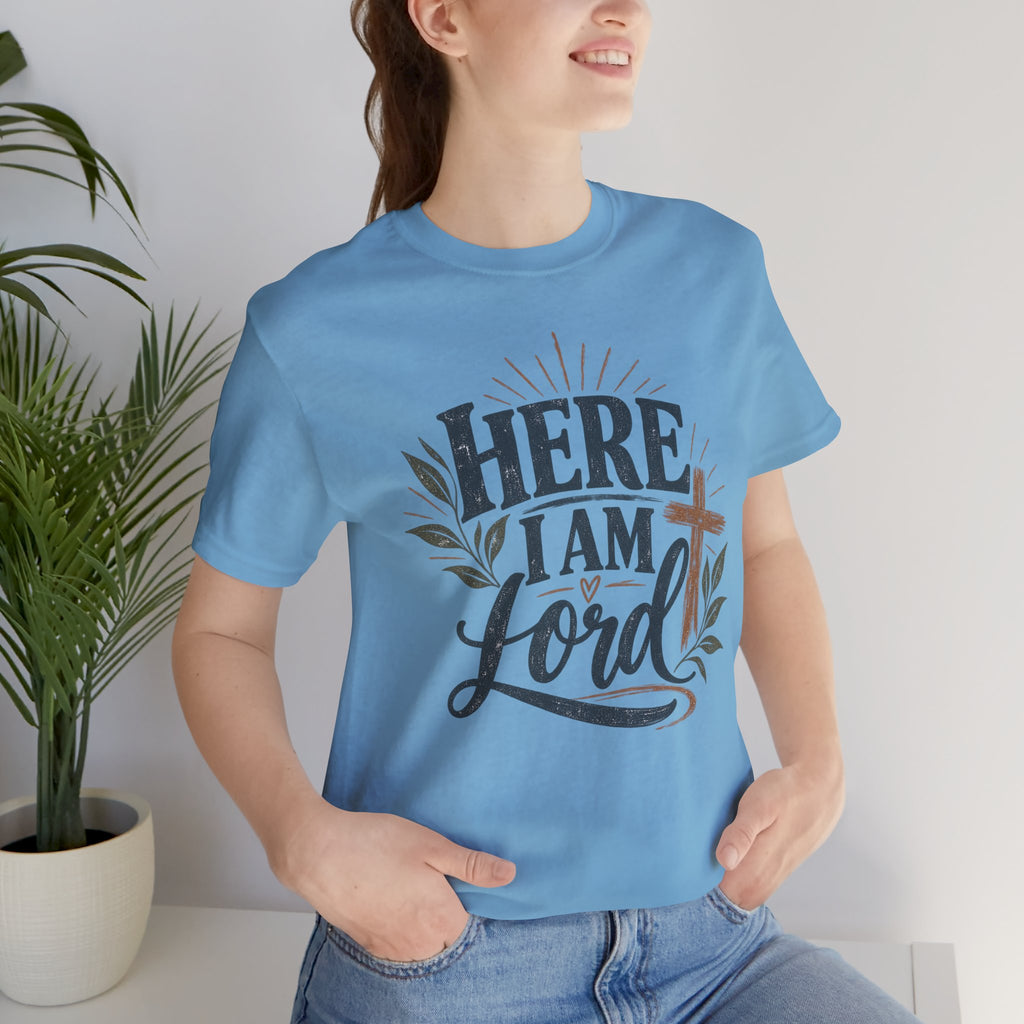 Here I Am Lord T-Shirt — Christian Faith Tee with Cross & Script Design
