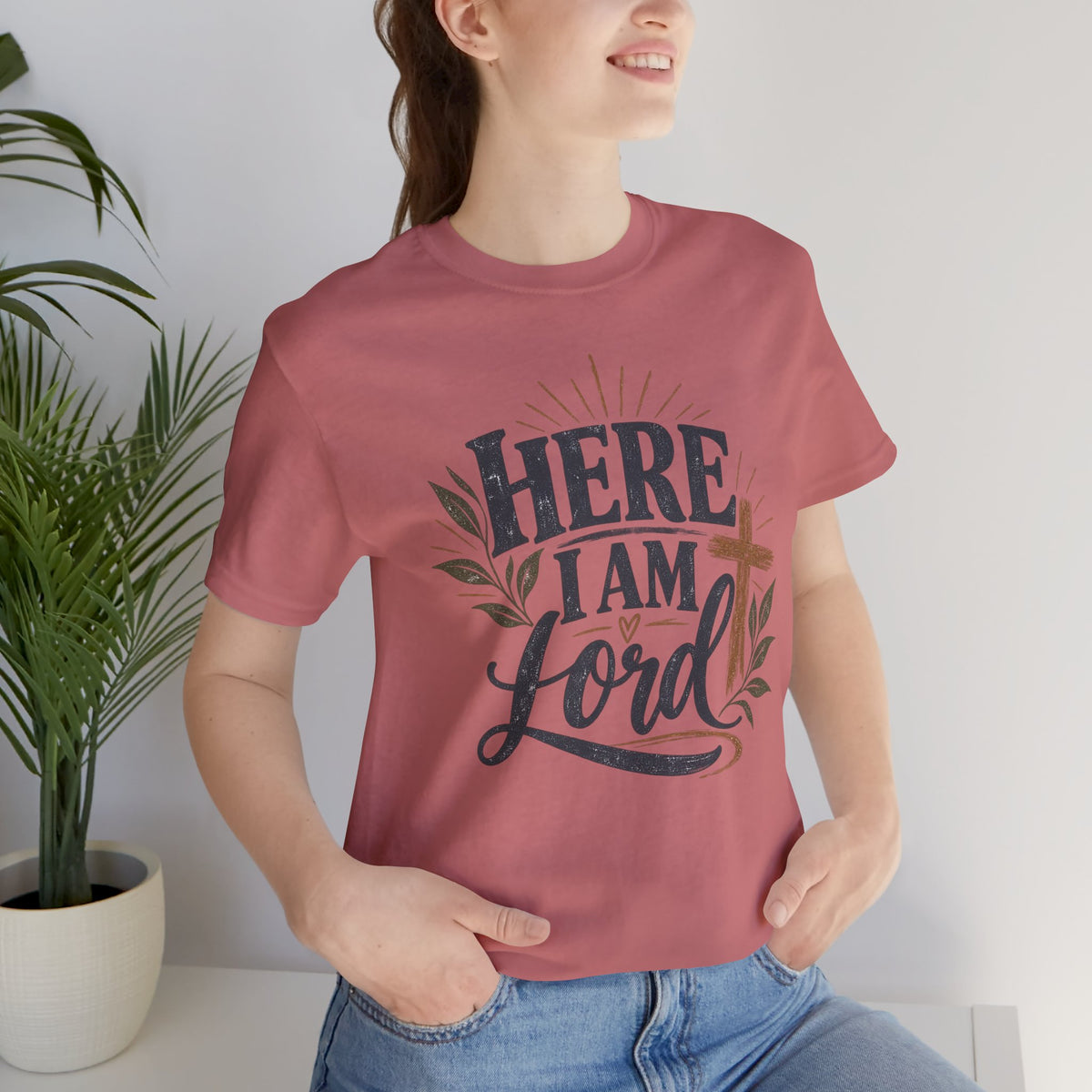 Here I Am Lord T-Shirt — Christian Faith Tee with Cross & Script Design