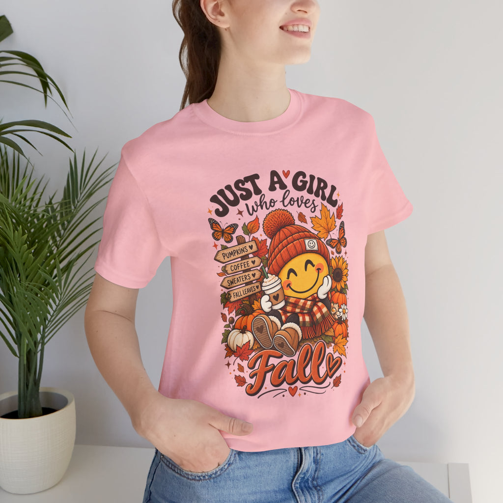 Fall Graphic Tee - "Just A Girl Who Loves Fall" Cute Pumpkin & Leaves T-Shirt