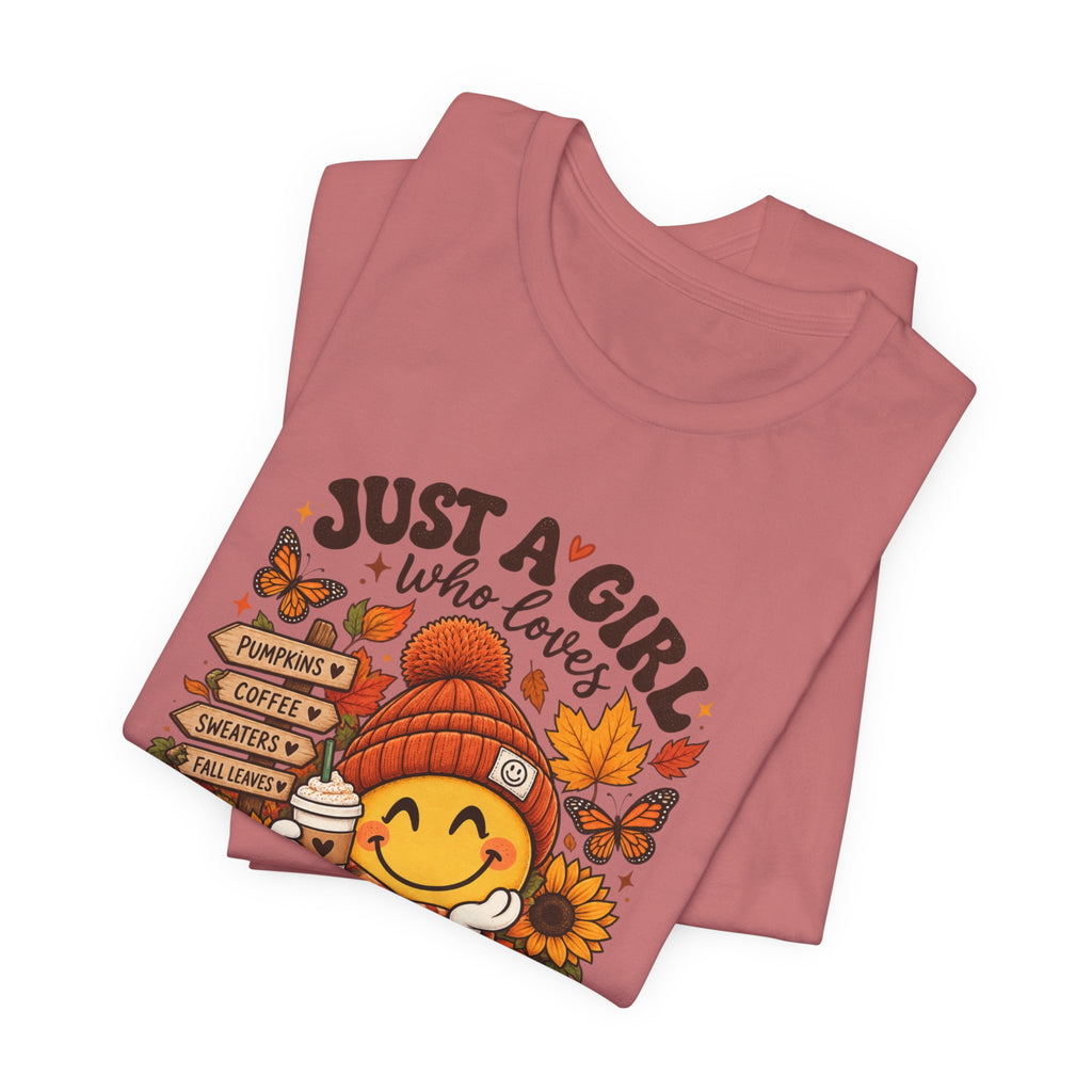 Fall Graphic Tee - "Just A Girl Who Loves Fall" Cute Pumpkin & Leaves T-Shirt