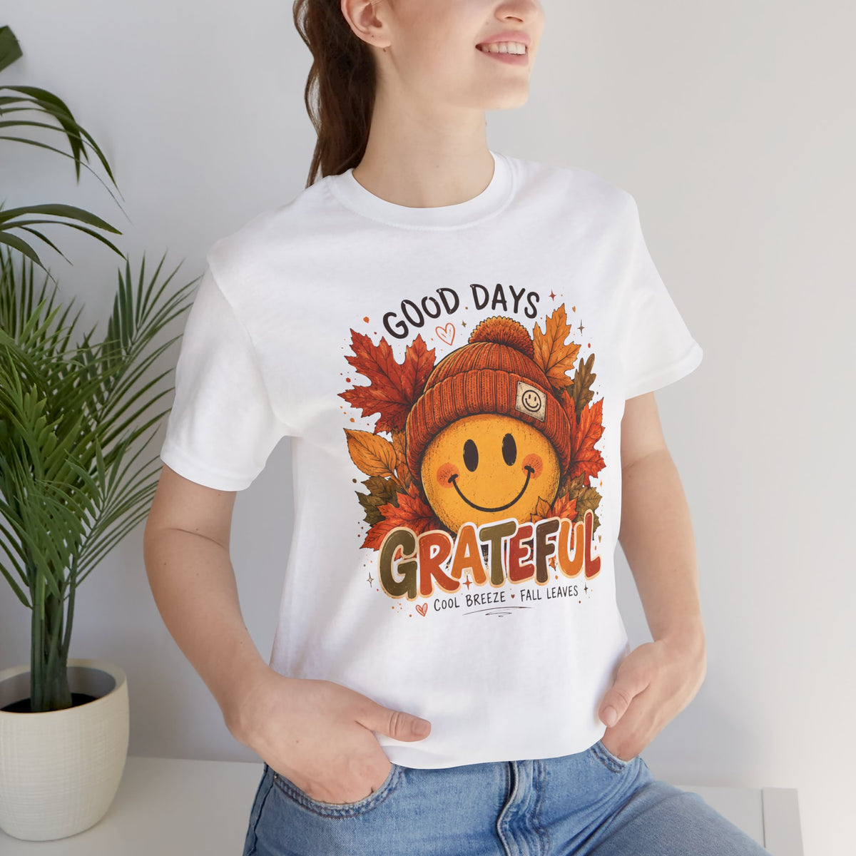 Grateful Fall Smile T-Shirt — "Good Days" Autumn Leaves Tee