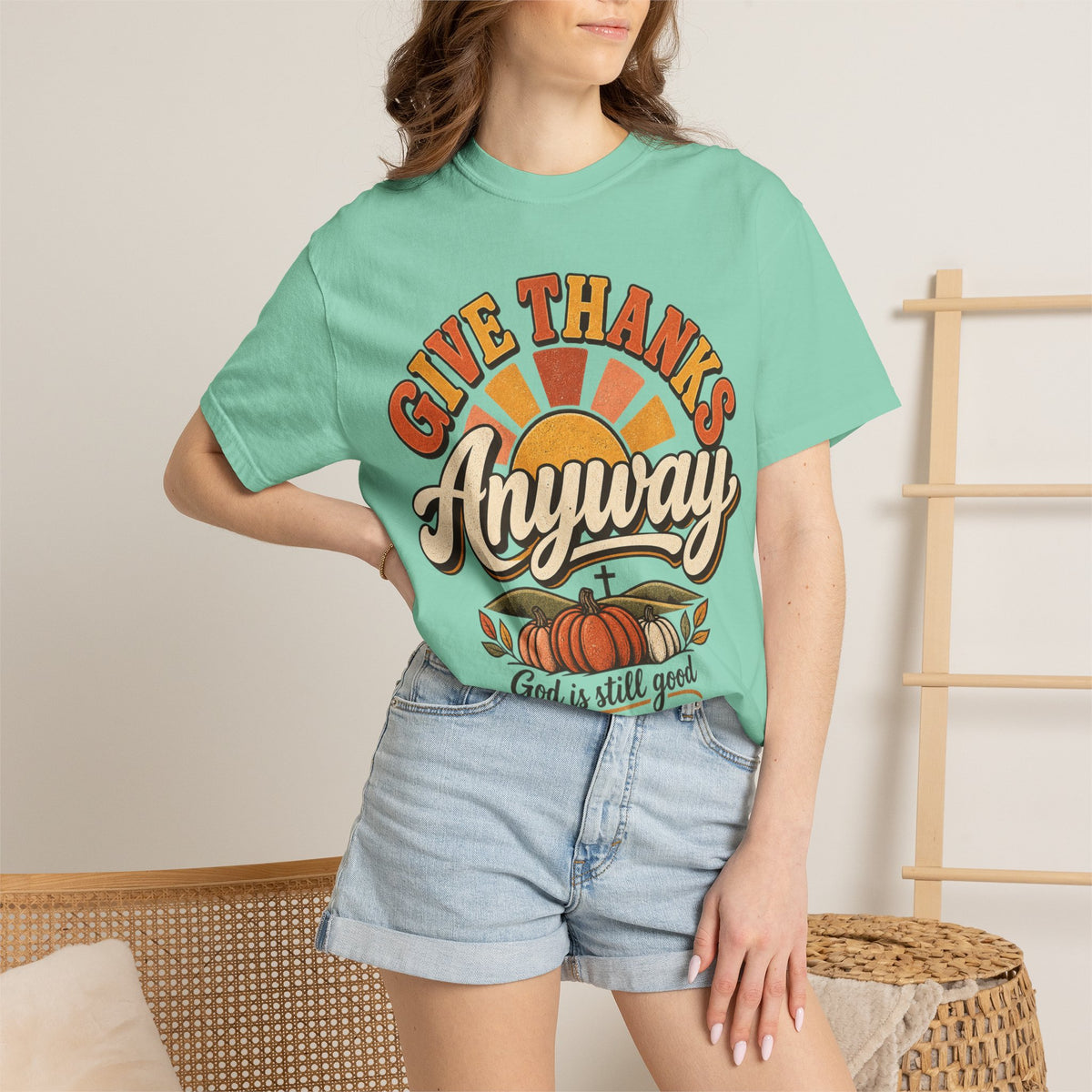 Give Thanks Anyway T-Shirt — Thanksgiving Christian Pumpkin Retro Tee
