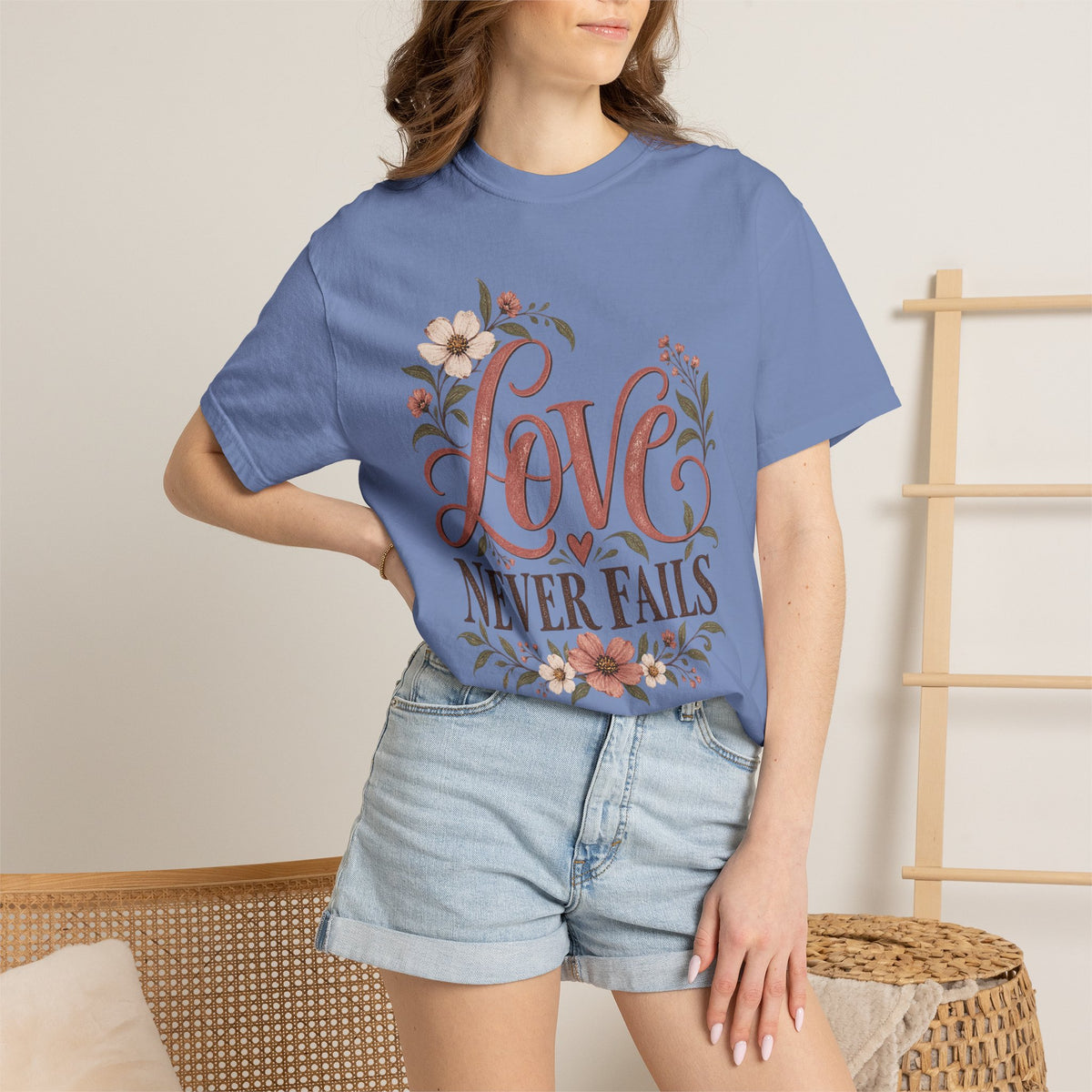 Love Never Fails T-Shirt — Floral Christian Inspirational Tee