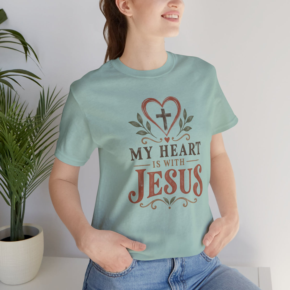 My Heart Is With Jesus T-Shirt — Faith Christian Tee with Cross Heart Design