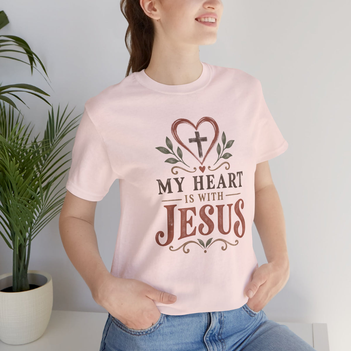 My Heart Is With Jesus T-Shirt — Faith Christian Tee with Cross Heart Design