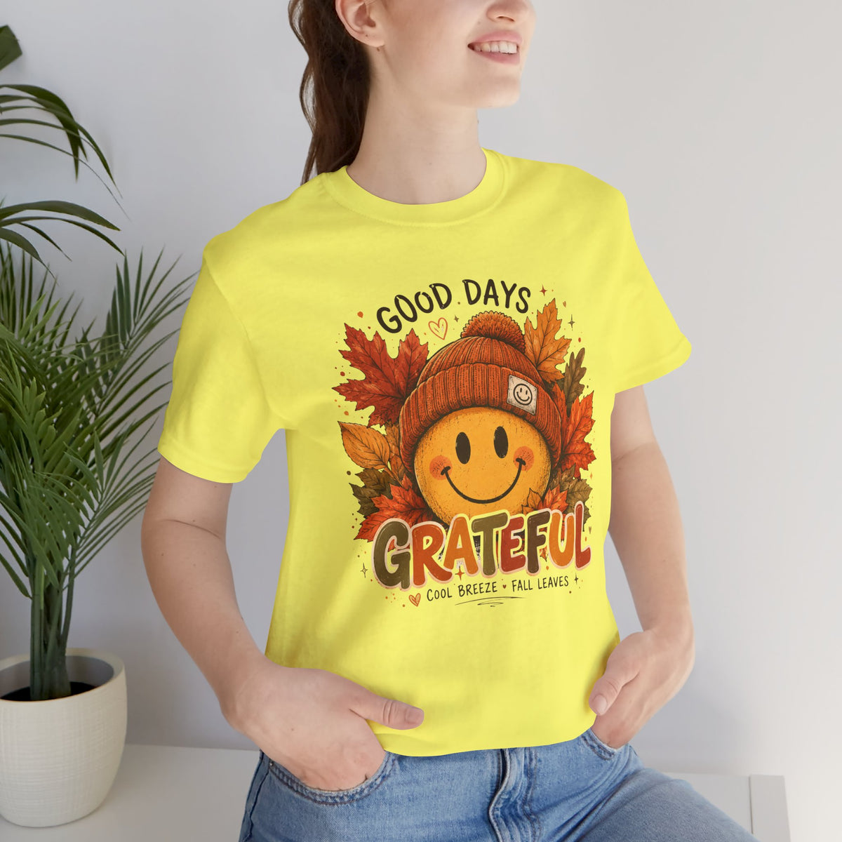 Grateful Fall Smile T-Shirt — "Good Days" Autumn Leaves Tee