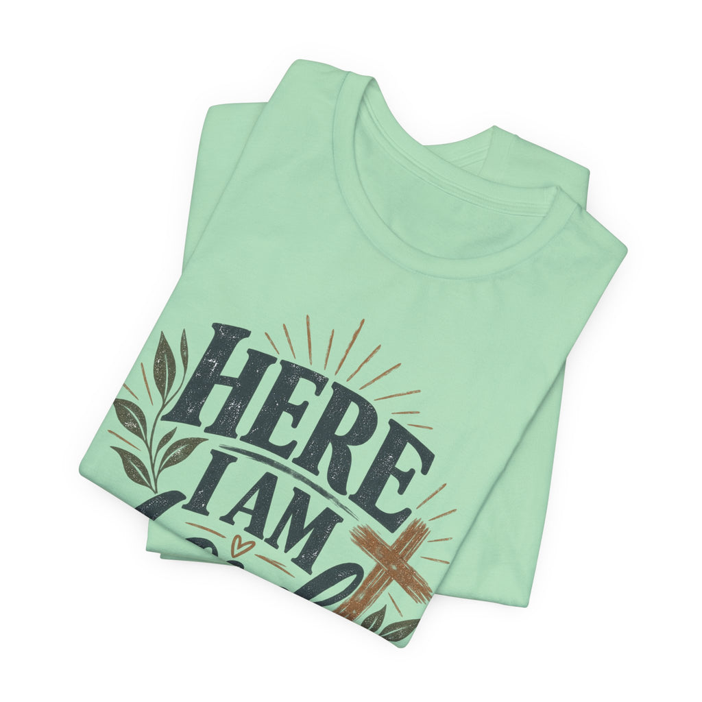 Here I Am Lord T-Shirt — Christian Faith Tee with Cross & Script Design