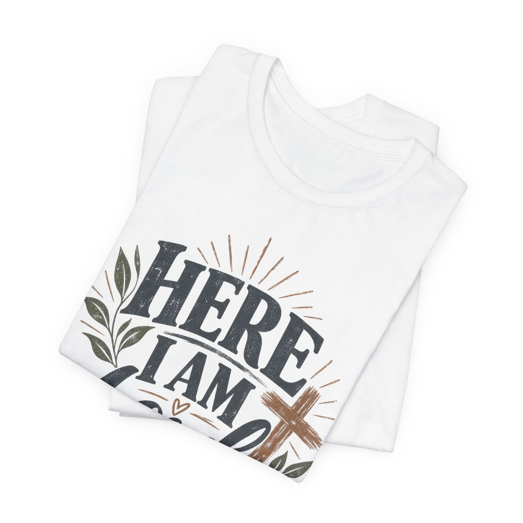 Here I Am Lord T-Shirt — Christian Faith Tee with Cross & Script Design
