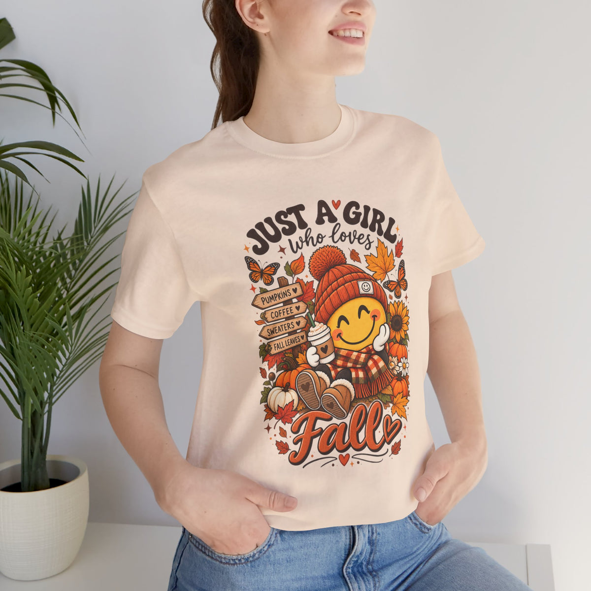 Fall Graphic Tee - "Just A Girl Who Loves Fall" Cute Pumpkin & Leaves T-Shirt