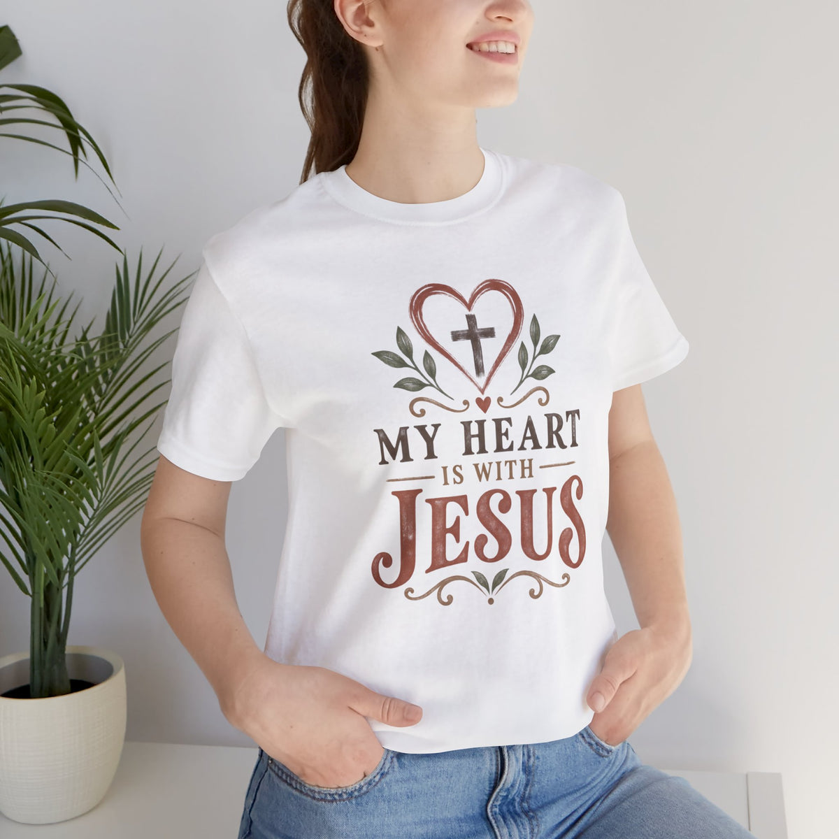 My Heart Is With Jesus T-Shirt — Faith Christian Tee with Cross Heart Design