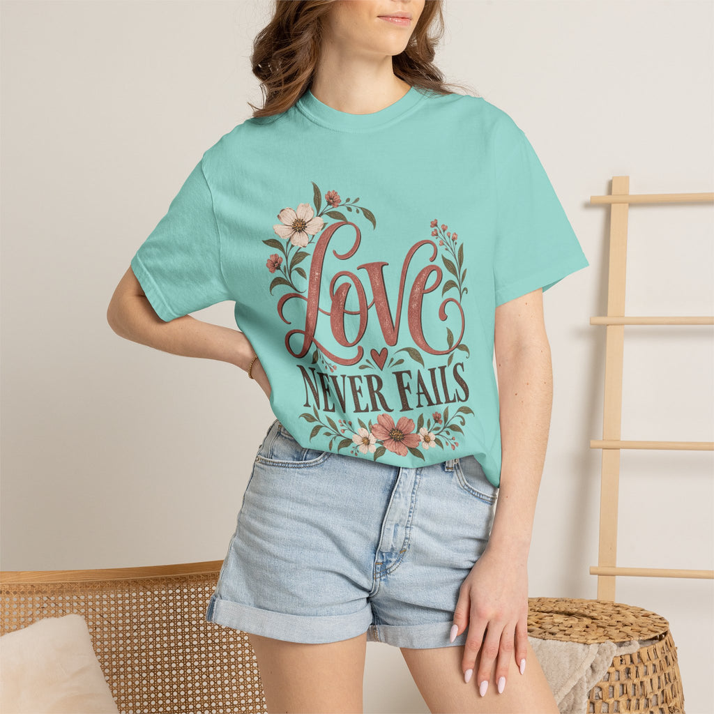 Love Never Fails T-Shirt — Floral Christian Inspirational Tee