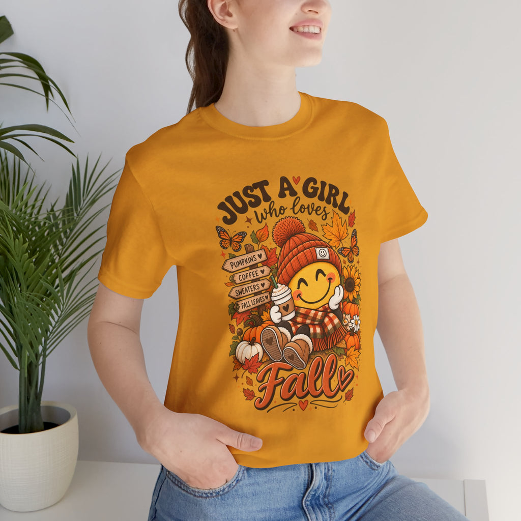 Fall Graphic Tee - "Just A Girl Who Loves Fall" Cute Pumpkin & Leaves T-Shirt