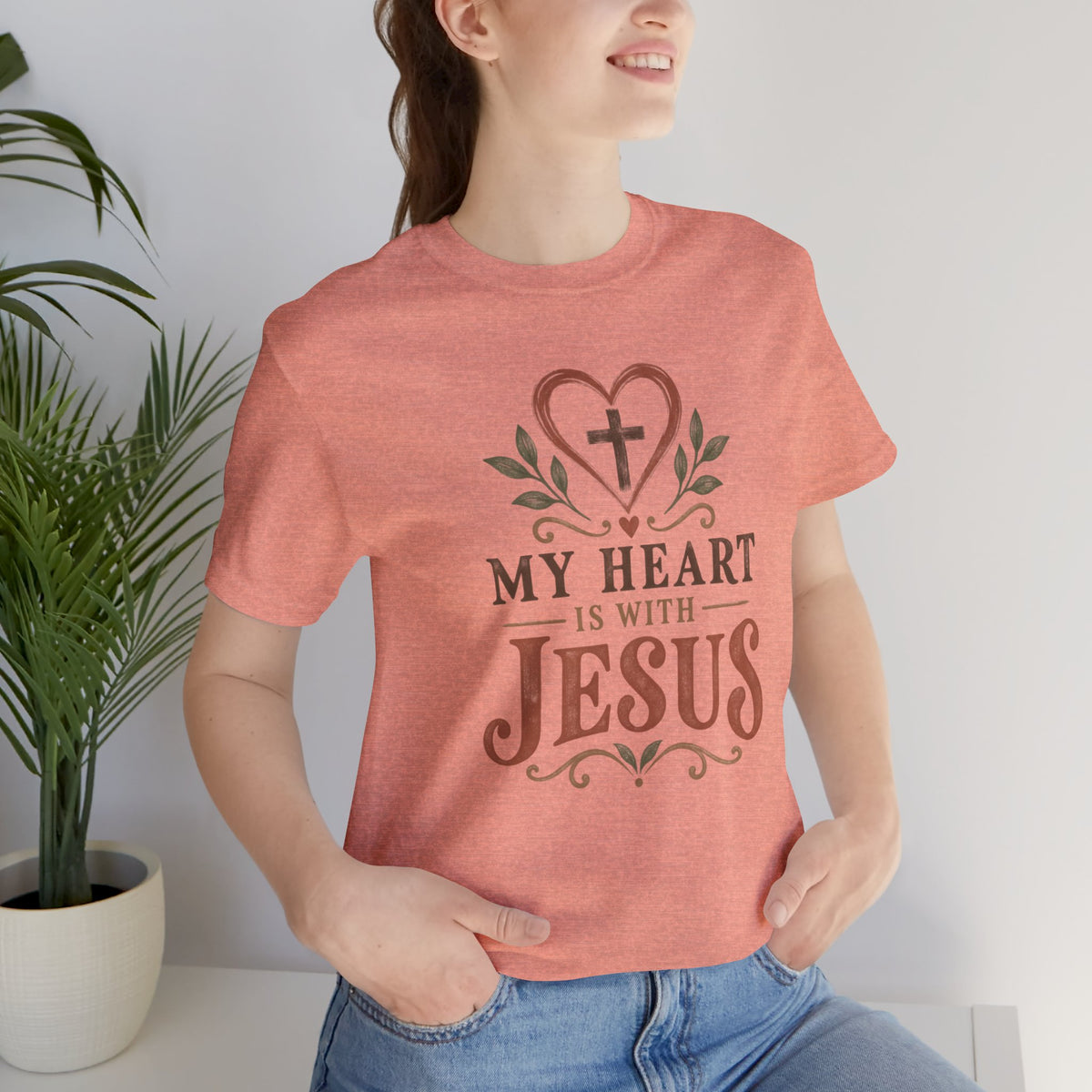 My Heart Is With Jesus T-Shirt — Faith Christian Tee with Cross Heart Design