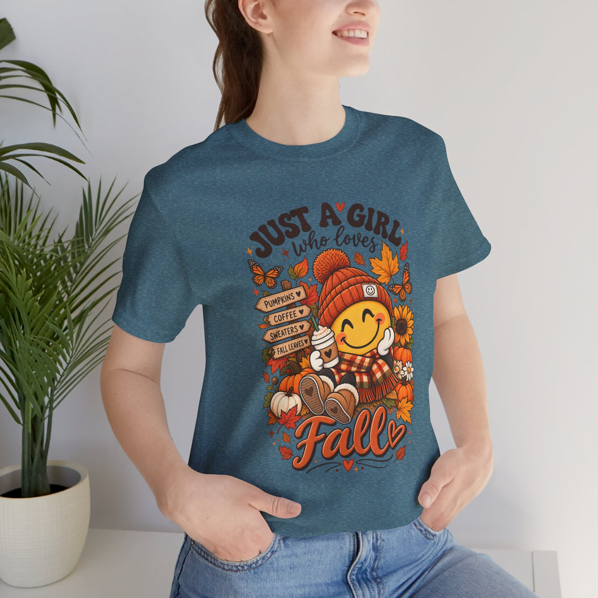 Fall Graphic Tee - "Just A Girl Who Loves Fall" Cute Pumpkin & Leaves T-Shirt