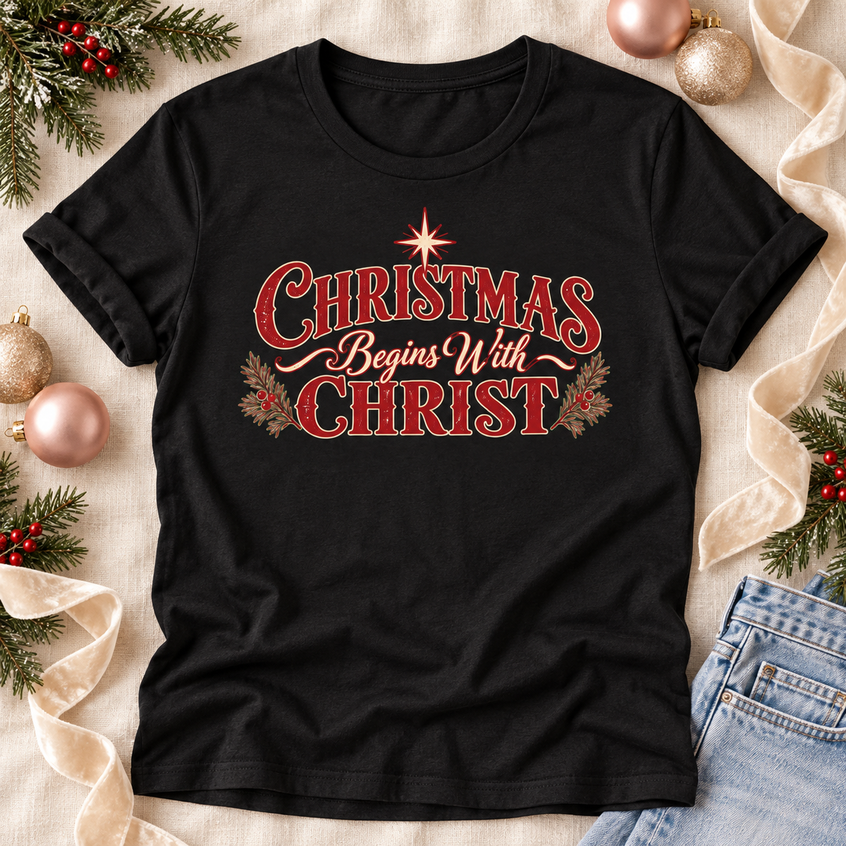 A black short-sleeve graphic T-shirt has a large front print reading “Christmas Begins With Christ” in red and beige lettering with decorative foliage and a star.