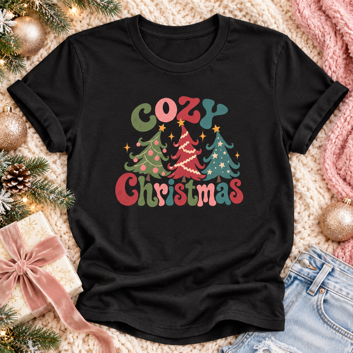 A black short-sleeve T-shirt laid flat with a colorful Christmas graphic reading 'Cozy Christmas' above three decorated trees. The shirt is styled on a cream knit blanket with holiday greenery, gold ornaments, a wrapped gift, pink ribbon, and denim shorts nearby.