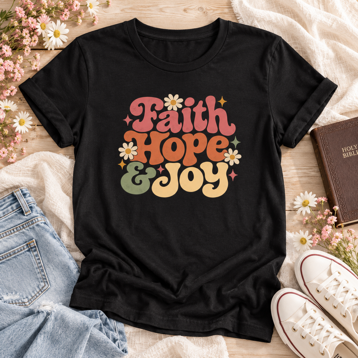 Black T-shirt reading “Faith Hope & Joy” in pink, rust orange, olive green, and soft yellow retro lettering, with daisies and sparkle accents.
