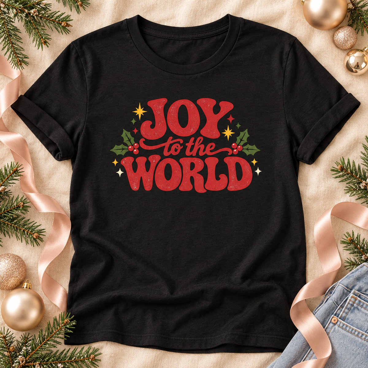 A black short-sleeve t-shirt with a festive 'Joy to the World' graphic in red, green, and gold, styled in a flat-lay arrangement with pine branches, gold ornaments, pink ribbons, and denim.