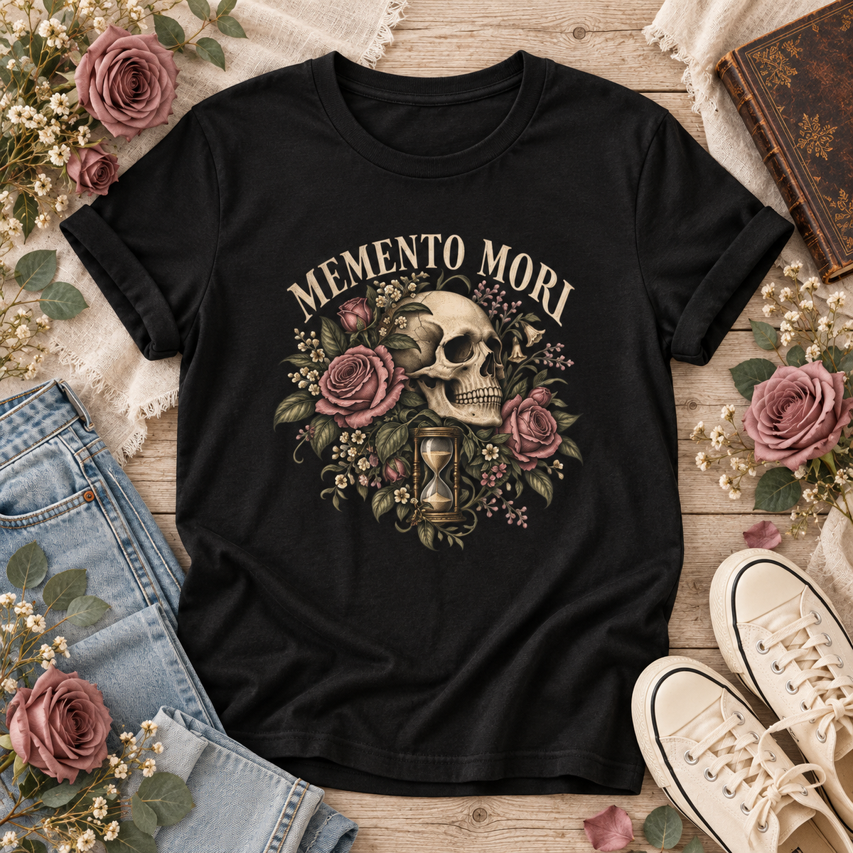 Black T-shirt with “Memento Mori” lettering above a vintage skull, mauve roses, leafy details, and an hourglass.