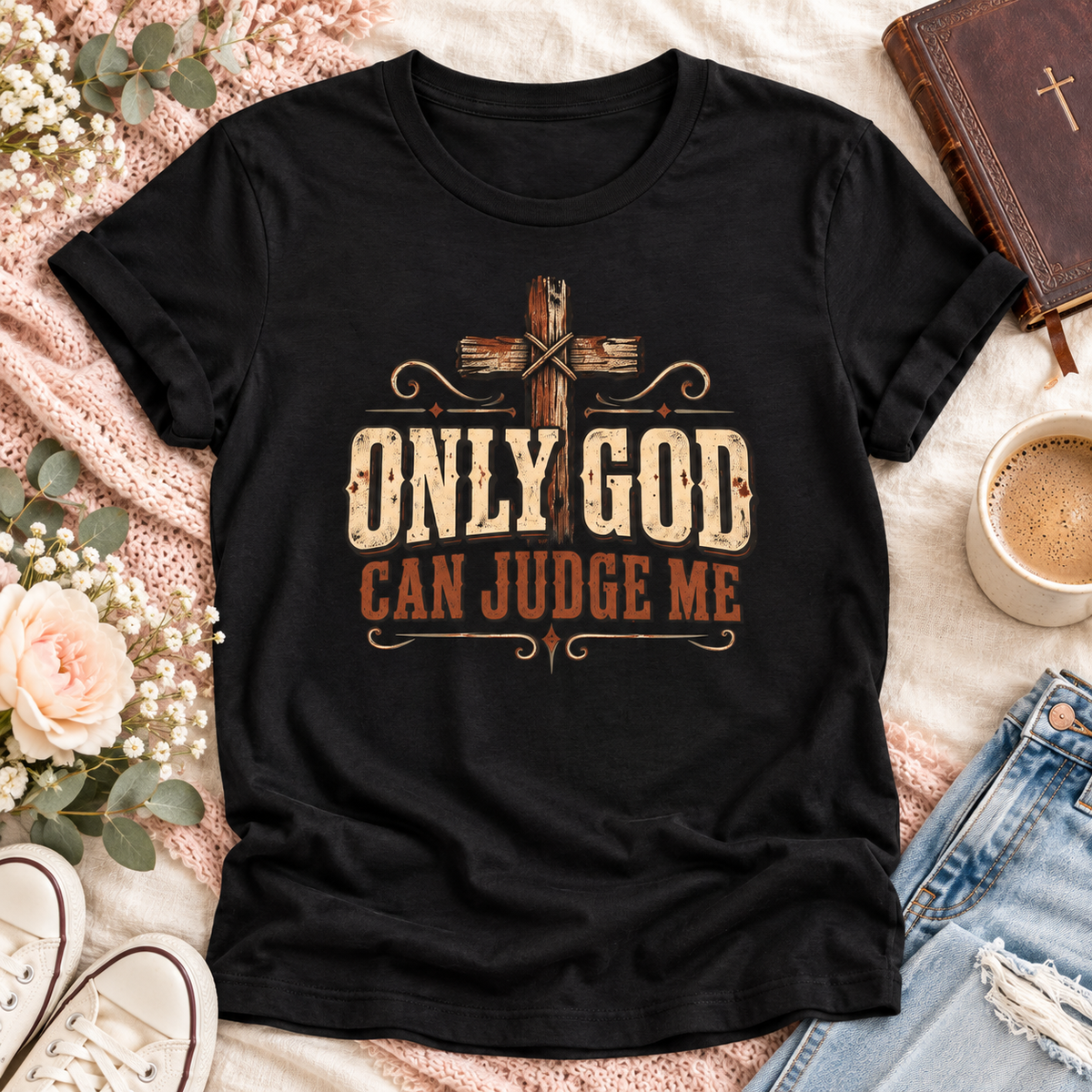 Black color short sleeve T-Shirt with "Only God Can Judge Me" with rustic cross.