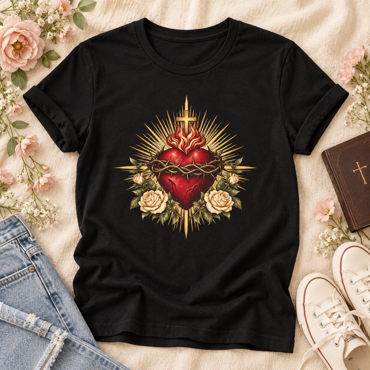 Black Sacred Heart of Jesus T-shirt featuring a red heart, crown of thorns, cross, cream roses, and golden rays.