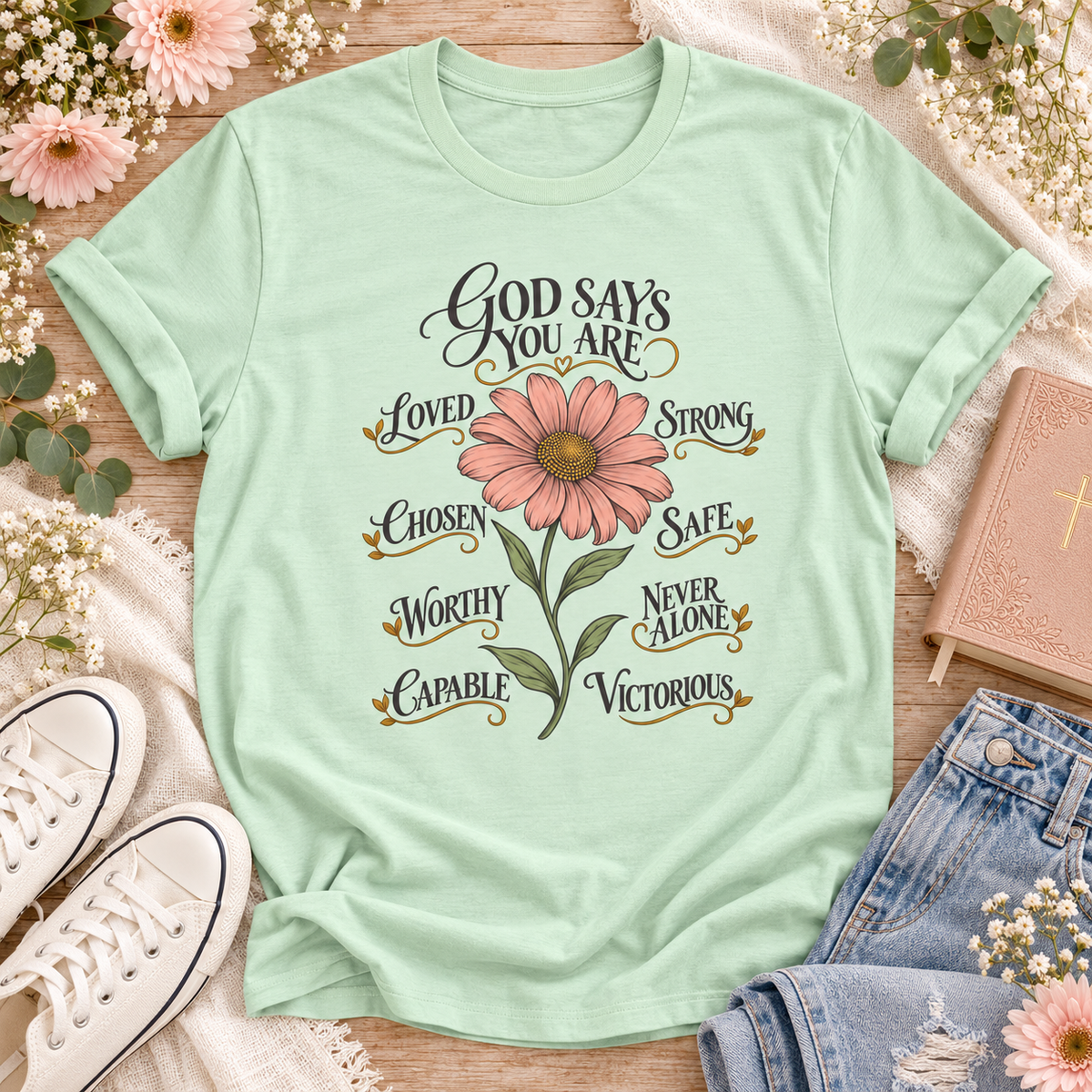 Mint T-shirt with a pink flower and “God Says You Are” affirmations: loved, chosen, worthy, capable, strong, safe, never alone, and victorious.