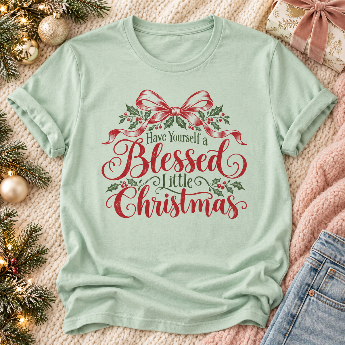 A mint green short-sleeve t-shirt with a red and green Christmas graphic reading 'Have Yourself a Blessed Little Christmas' surrounded by a red bow and holly leaves, styled in a flat lay on a pink knit blanket with holiday decorations and jeans.