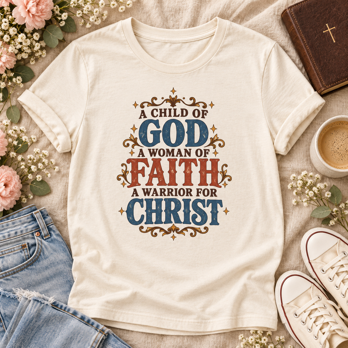 Natural T-shirt reading “A Child of God, A Woman of Faith, A Warrior for Christ,” with blue and rust lettering and golden flourishes.