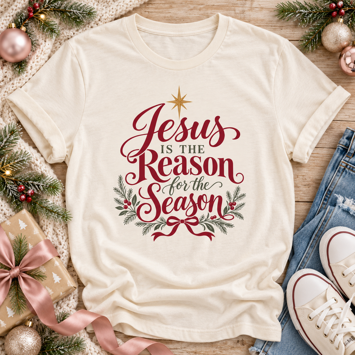 Natural T-shirt reading “Jesus Is the Reason for the Season,” with a golden star, evergreen sprigs, berries, a red bow.
