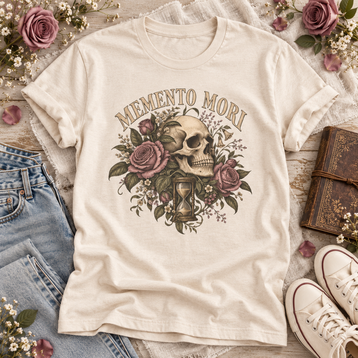 Natural T-shirt with “Memento Mori” lettering above a vintage skull, mauve roses, leafy details, and an hourglass.