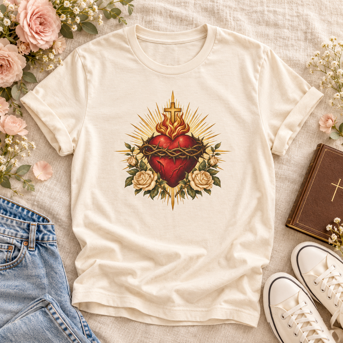 Natural Sacred Heart of Jesus T-shirt featuring a red heart, crown of thorns, cross, cream roses, and golden rays.