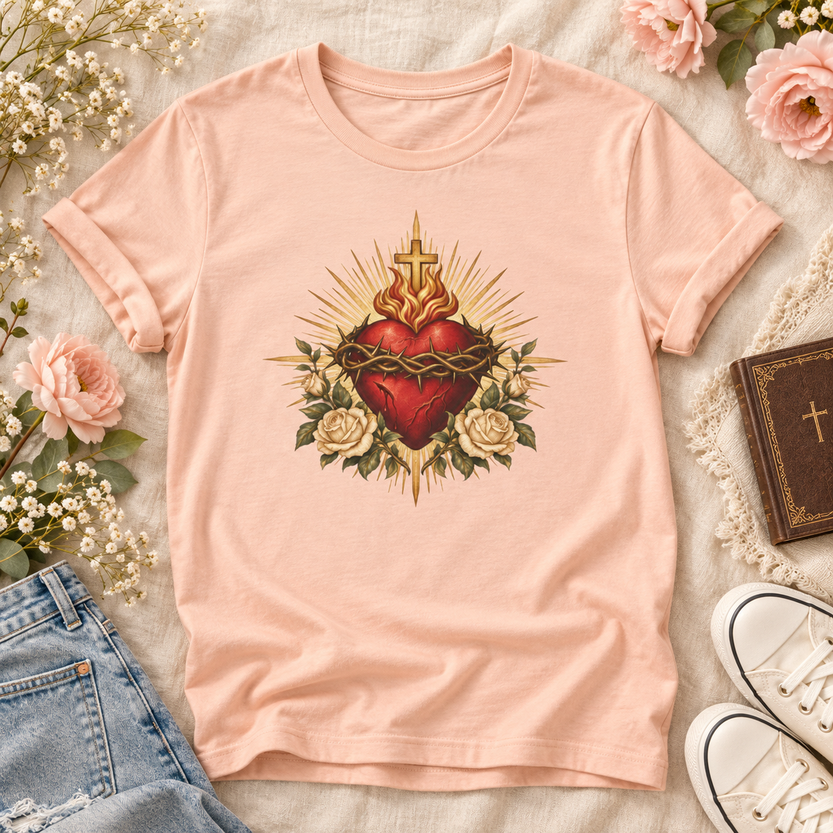 Peach Sacred Heart of Jesus T-shirt featuring a red heart, crown of thorns, cross, cream roses, and golden rays.