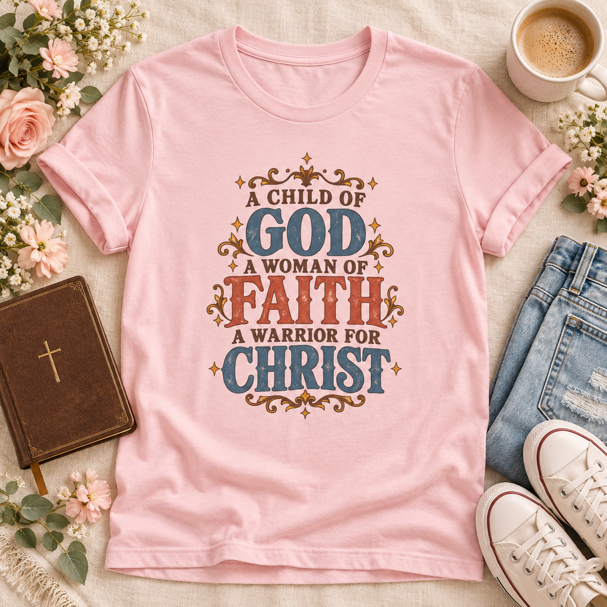 Pink T-shirt reading “A Child of God, A Woman of Faith, A Warrior for Christ,” with blue and rust lettering and golden flourishes.