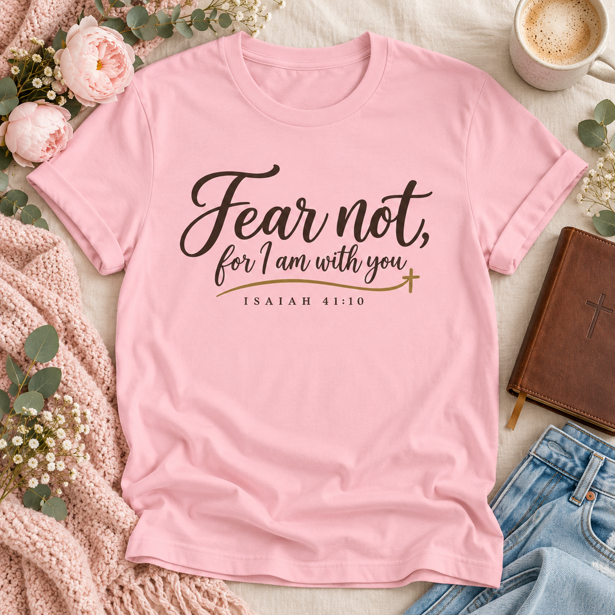 Pink T-shirt reading ‘Fear not, for I am with you,’ Isaiah 41:10, with dark script and a gold underline and cross.