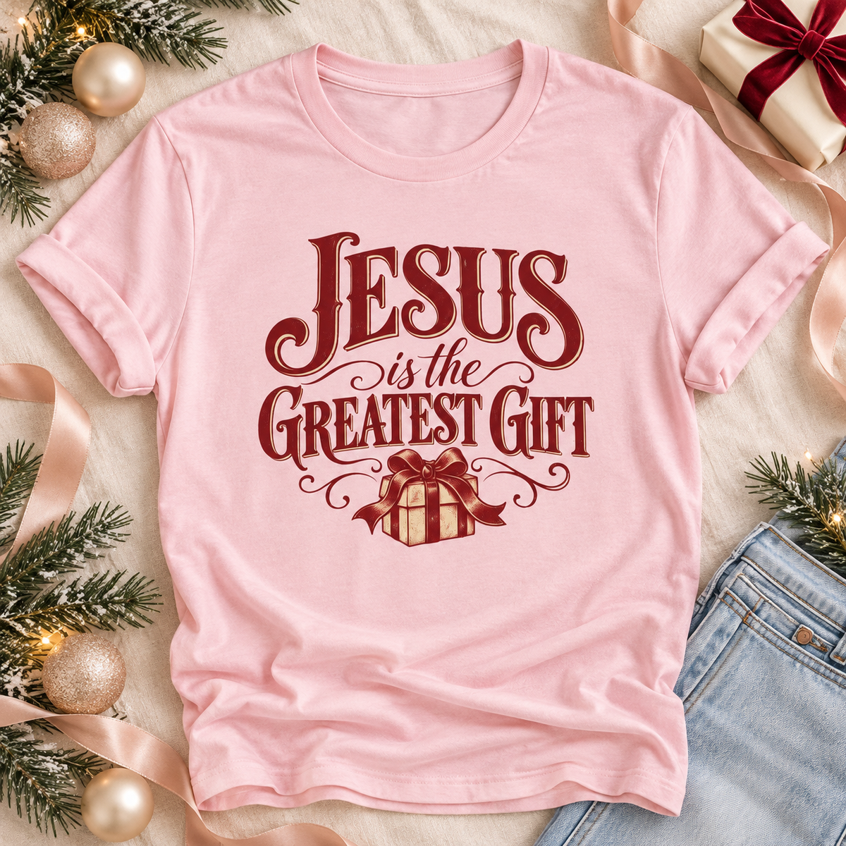 A light pink short-sleeve t-shirt with a maroon graphic reading 'JESUS is the GREATEST GIFT' above a wrapped gift illustration.