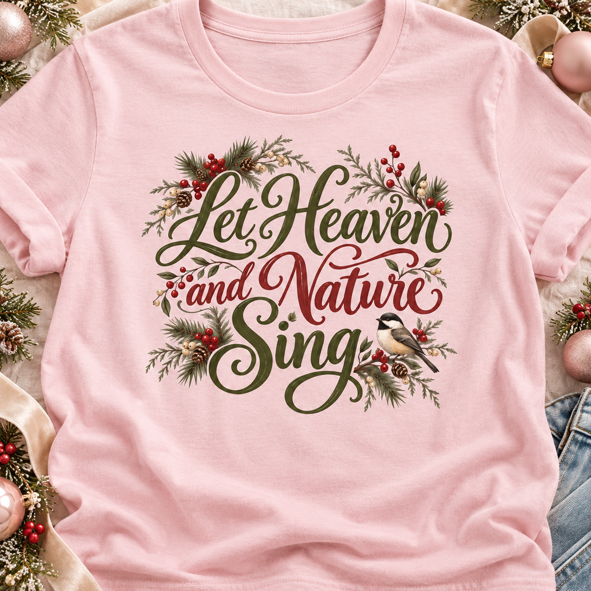 A pink short-sleeve crewneck t-shirt featuring a festive graphic print that reads 'Let Heaven and Nature Sing' in dark green and red cursive script, decorated with pine branches, red berries, and a small bird. 