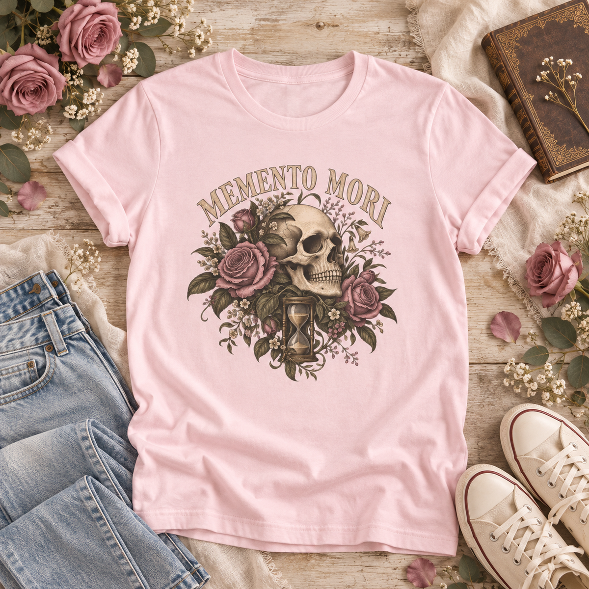 Pink T-shirt with “Memento Mori” lettering above a vintage skull, mauve roses, leafy details, and an hourglass.