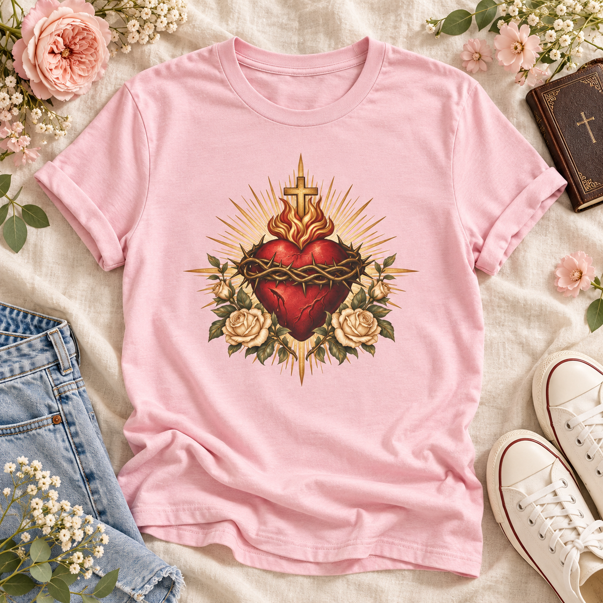 Pink Sacred Heart of Jesus T-shirt featuring a red heart, crown of thorns, cross, cream roses, and golden rays.