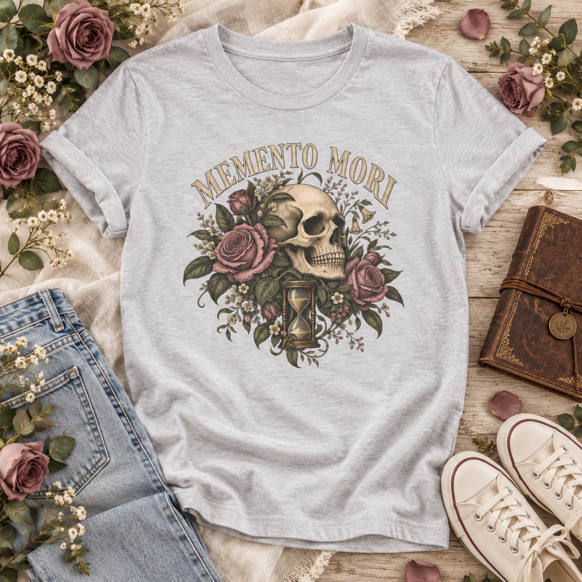 Silver T-shirt with “Memento Mori” lettering above a vintage skull, mauve roses, leafy details, and an hourglass.