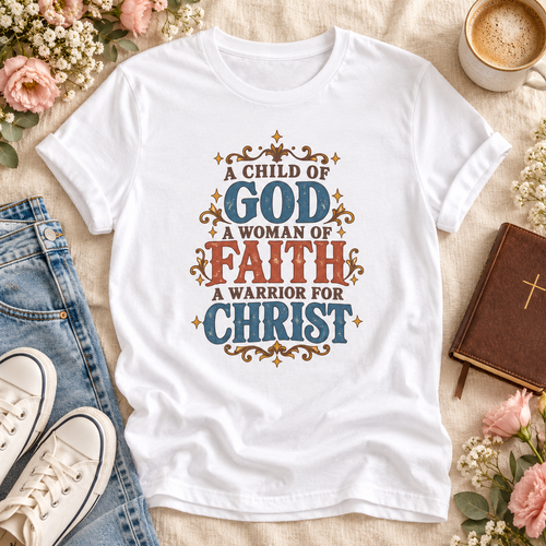 White T-shirt reading “A Child of God, A Woman of Faith, A Warrior for Christ,” with blue and rust lettering and golden flourishes.