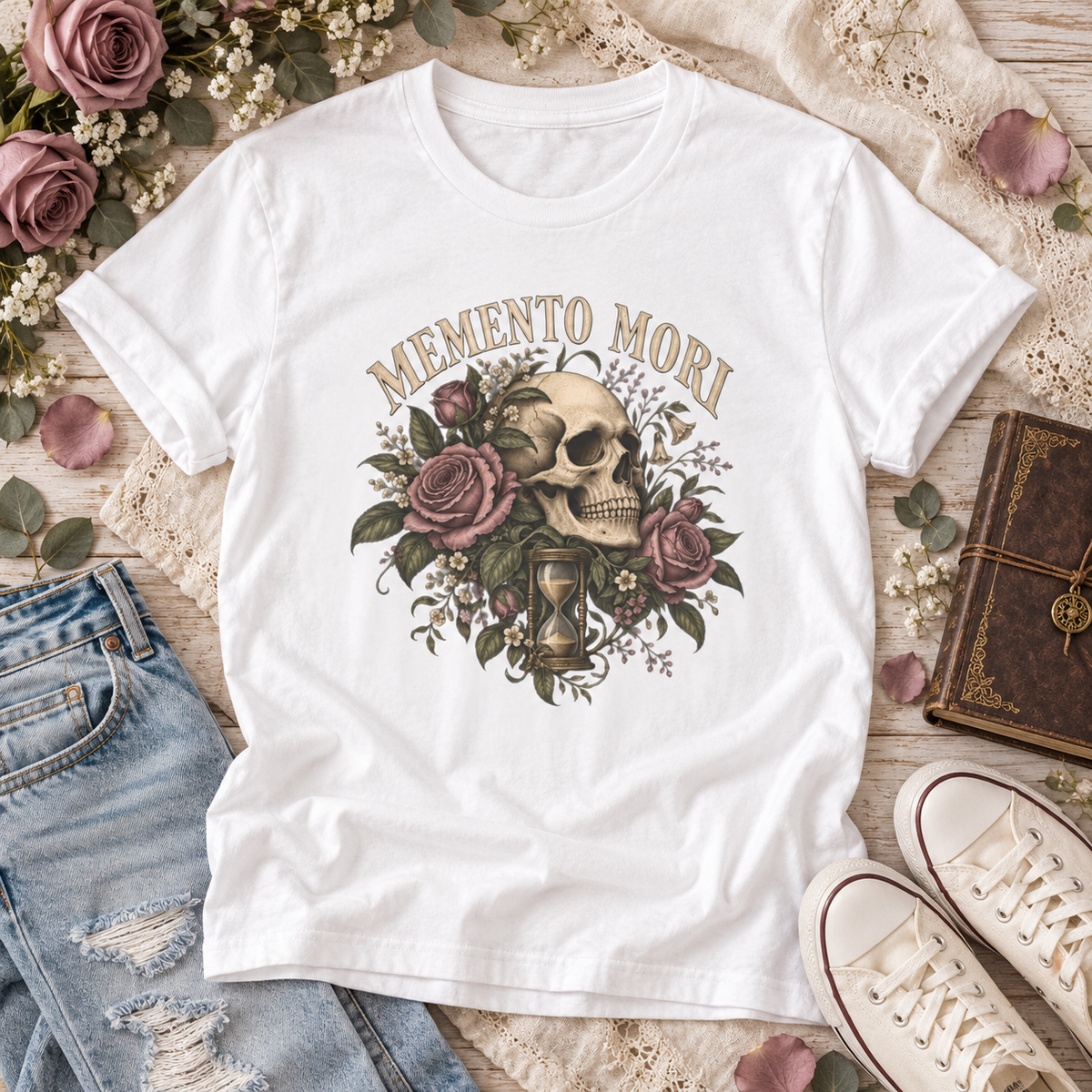 White T-shirt with “Memento Mori” lettering above a vintage skull, mauve roses, leafy details, and an hourglass.