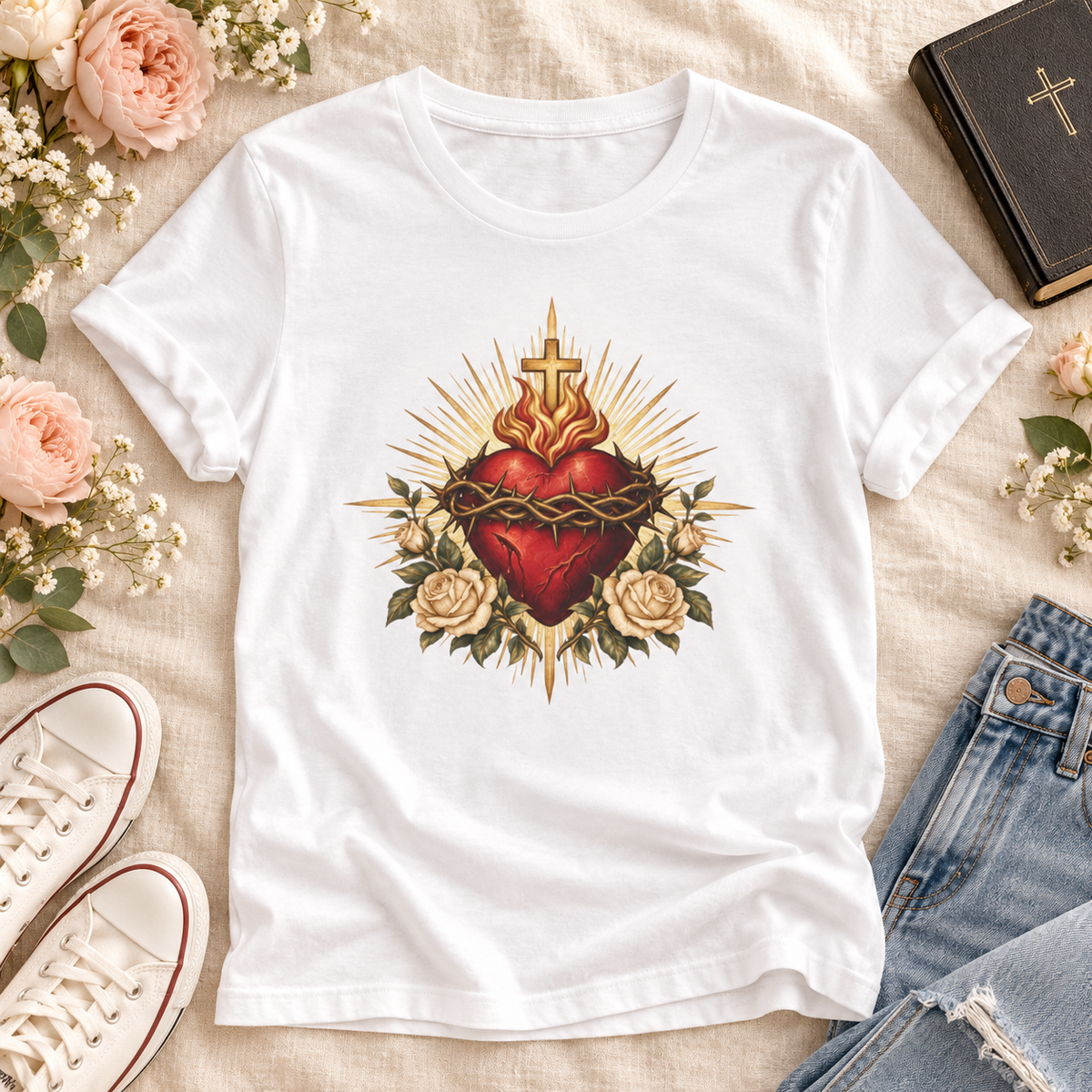White Sacred Heart of Jesus T-shirt featuring a red heart, crown of thorns, cross, cream roses, and golden rays.